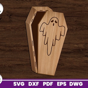 Scatola regalo a forma di bara con fantasma tagliato al laser, file SVG per Glowforge, scatola di caramelle, Cricut, vettore, download immediato