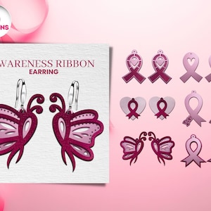 Pendientes de concienciación sobre el cáncer cortados con láser, paquete SVG, Glowforge, joyas con lazo de concienciación sobre el cáncer, madera, Cricut, vector, descarga instantánea