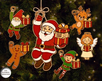 May include: Wooden Christmas ornaments featuring Santa Claus, a reindeer, an angel, a gingerbread man, a gnome, and an elf, each holding a gift box. The ornaments are in various colors and have a rustic, cartoonish design, perfect for holiday decor.