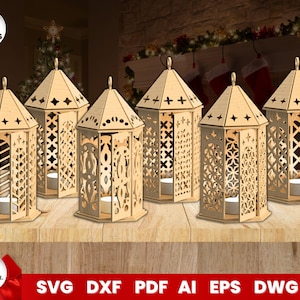 Christmas Lanterns Laser Cut Bundle, Wooden Lanterns, 3D Tealight Laser Cut, SVG File for Glowforge, Cricut, Vector, Instant Download