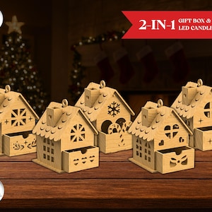 Christmas Houses Gift Box Bundle, Gingerbread House Laser Cut, Tea Light Candle Holder, Wooden Christmas Ornament, CNC Cut File, Glowforge