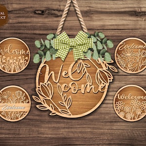 Welcome Floral Door Sign SVG Bundle, Wooden Door Hanger, Spring Door Hanger, Round Door Sign SVG, Xtool, Glowforge, Laser Cut File