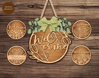 Välkommen blommig dörrskylt SVG-paket, dörrhängare i trä, vårdörrhängare, rund dörrskylt SVG, Xtool, Glowforge, laserskuren fil