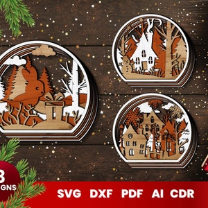 Christmas Snowglobe Laser Cut SVG, Christmas Shadowbox Bundle for Glowforge, Cricut, Vector, Instant Download