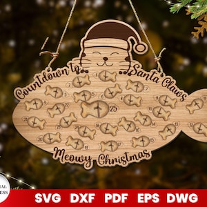 Calendario de cuenta regresiva de gato para Navidad cortado con láser, gráfico de cuenta regresiva para Navidad, archivo SVG para Glowforge, Cricut, vector, descarga instantánea