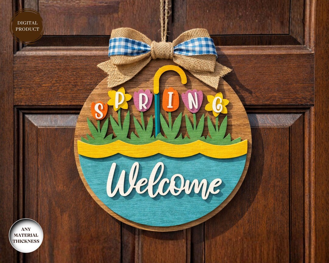 Welcome Spring Door Sign Laser Cut, Round Door Hanger Svg, Porch Front ...