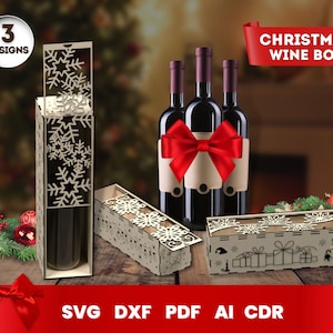 Weihnachtsweinschachtel Laser geschnitten, Holzflasche Geschenkbox, svg, cdr, eps, dxf, dwg, pdf
