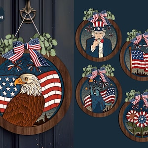 Paquete de letreros patrióticos para puerta, letrero del 4 de julio en formato SVG, letrero de vitral, colgador de puerta redondo en formato SVG, Día de la Independencia en formato SVG, Xtool, Glowforge