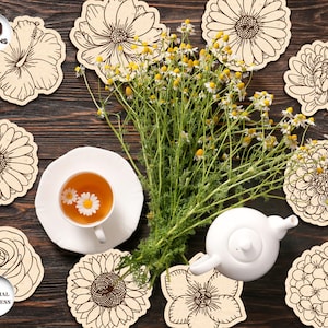 Flowers Coasters Laser Cut Bundle, Coffee Coaster Svg, Wood Coaster SVG, Round Flower Coaster, Laser Coaster File, Xtool, Glowforge