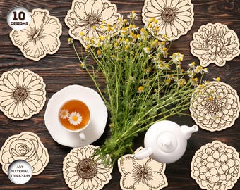 Flowers Coasters Laser Cut Bundle, Coffee Coaster Svg, Wood Coaster SVG, Round Flower Coaster, Laser Coaster File, Xtool, Glowforge