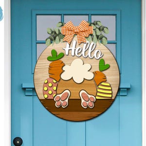 Hello Bunny Door Hanger Laser Cut, Easter Decor, Happy Easter Welcome Sign, Round Door Sign SVG, Xtool, Glowforge