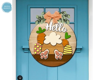 Hello Bunny Door Hanger Laser Cut, Easter Decor, Happy Easter Welcome Sign, Round Door Sign SVG, Xtool, Glowforge