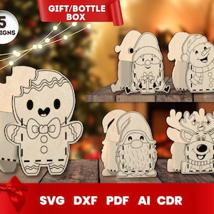Caja de regalo de Navidad cortada con láser, paquete SVG de caja de botella para Glowforge, Navidad, Cricut, vector, descarga instantánea