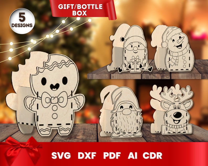 Christmas Gift Box Laser Cut, Bottle Box SVG Bundle for