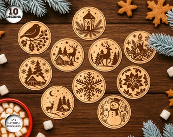 May include: A collection of ten wooden coasters, each with a unique winter design. The coasters feature laser-cut images of a bird, deer, snowflake, and snowman. They are displayed on a wooden surface, perfect for festive use.