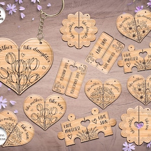 Mother&#39;s Day Couple Keychaine Bundle, Gift for Mom SVG, Family Couple Keychain Laser Сut, Wooden Keyring SVG, Xtool, Glowforge