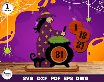 Archivo SVG de cuenta regresiva de bruja de Halloween cortado con láser, para Glowforge, calendario de cuenta regresiva, gráfico de cuenta regresiva, Cricut, vector, descarga instantánea