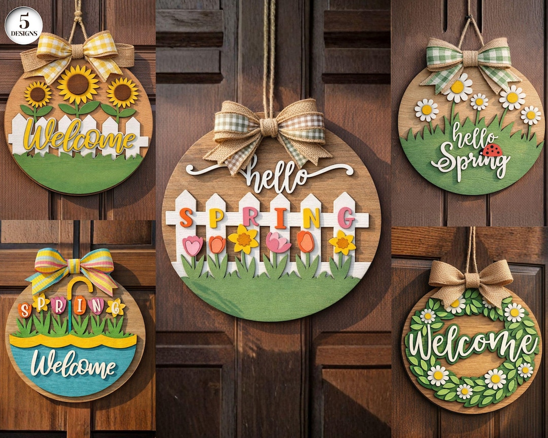 Spring Flowers Door Sign Laser Cut Bundle, Round Door Hanger Svg, Porch ...