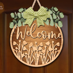Welcome Floral Door Sign Laser Cut, Wooden Door Hanger, Spring Door Hanger, Round Door Sign SVG, Xtool, Glowforge, Laser Cut File