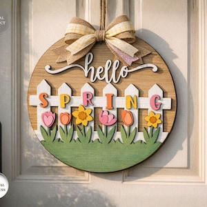 May include: A round wooden sign with the word "hello" and "SPRING" spelled out with colorful letters. The sign features a white picket fence, flowers, and a burlap bow. A digital product.
