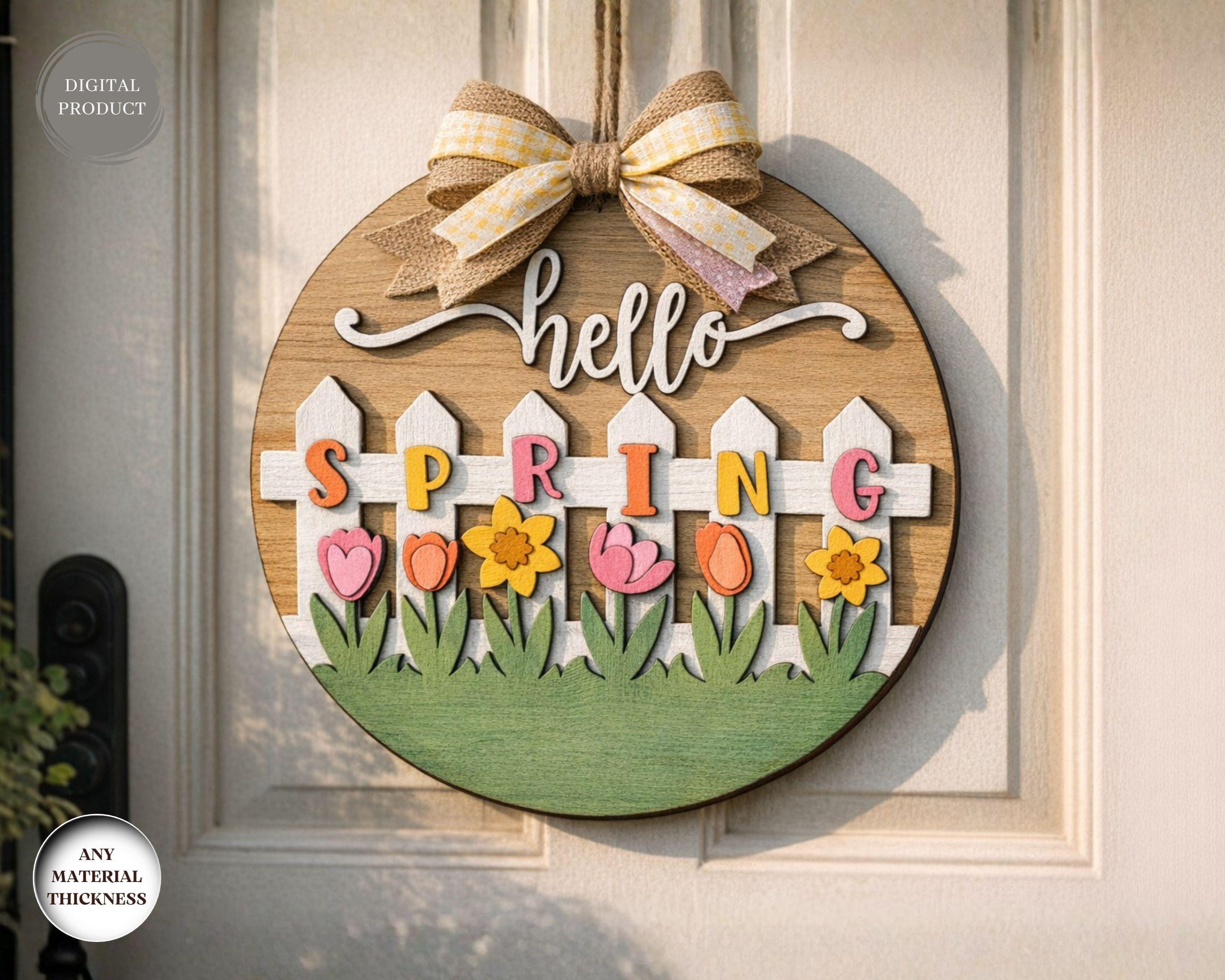 Hello Spring Door Sign Laser Cut, Round Door Hanger Svg, Porch Front ...