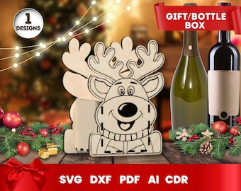 Reindeer Wine Box Laser Cut, Christmas gift box SVG Bundle for Glowforge, CNC, Vector, Instant Download