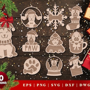 Hund Weihnachtsschmuck Laser Cut, SVG-Bundle für Glowforge, Hundeliebhaber, Cricut, Sofort Download