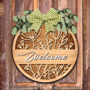 Welcome Floral Door Sign Laser Cut, Wooden Door Hanger, Spring Door Hanger, Round Door Sign SVG, Xtool, Glowforge, Laser Cut File