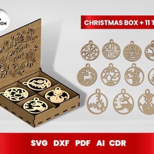 Wooden Laser Cut Box + 11 Christmas Ornaments SVG Bundle, Glowforge, CNC, Vector, Instant Download