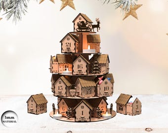 Christmas Advent Calendar Village SVG, Hanging House Countdown Box, Christmas Village, Wooden Advent Calendar, Laser File, Xtool, Glowforge