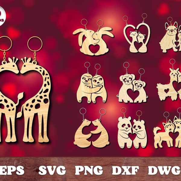 Portachiavi coppia animali di San Valentino SVG, taglio laser, Glowforge, San Valentino, legno, Cricut, vettoriale, download istantaneo