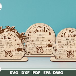 Paquete de corte láser de estadísticas de nacimiento de dinosaurios, diseño de signos de nacimiento, anuncio de bebé, cricut, vector, descarga instantánea