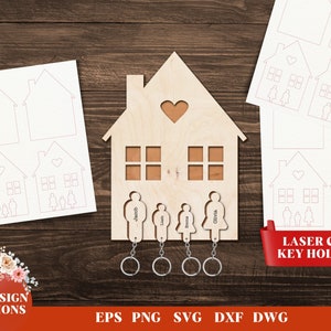 Wooden House Key Holders Laser Cut, Home Decoration, SVG Files for Glowforge, Family Keychain Svg, Vector, Instant Download