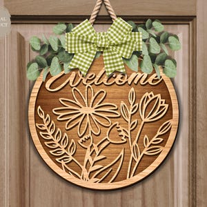 Welcome Floral Door Sign Laser Cut, Wooden Door Hanger, Spring Door Hanger, Round Door Sign SVG, Xtool, Glowforge, Laser Cut File