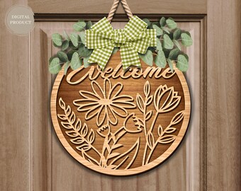 Välkommen blommig dörrskylt laserskuren, dörrhängare i trä, vårdörrhängare, rund dörrskylt SVG, Xtool, Glowforge, laserskuren fil