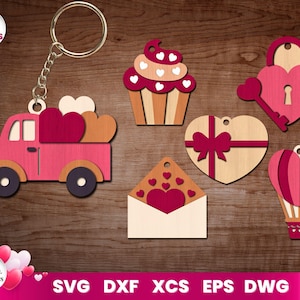 Valentine&#39;s Day Keychains Laser Cut , SVG Bundle for Glowforge, Valentine&#39;s Day Gift, Cricut, Laser Cut, Vector, Instant Download