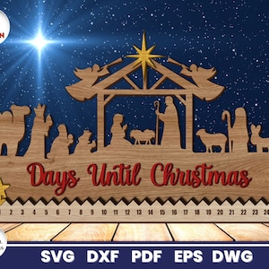 May include: A wooden Christmas countdown sign with a nativity scene design. The sign features a stable with a manger, a star, and figures of Mary, Joseph, and baby Jesus. The sign also includes a numbered countdown from 1 to 24, with the text "Days Until Christmas" above the numbers.