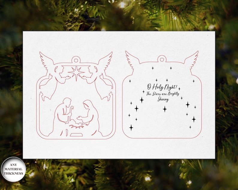 May include: Two-sided Christmas ornament with a nativity scene and the text "O Holy Night! The Stars are Brightly Shining." The ornament features a red outline design with angels, stars, and the holy family.
