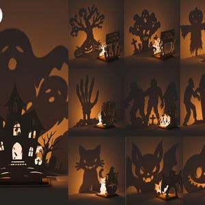 Może przedstawiać: Kolekcja dziesięciu wzorów cieni świetlnych o tematyce Halloween. Wzory obejmują nawiedzony dom, duchy, drzewo z twarzą dyni, stracha na wróble, dynię, kota, nietoperza i zombie. Wzory wykonane są z ciemnego materiału i rzucają cienie.
