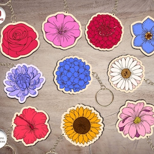 Flowers Keychains Laser Cut Bundle, Flowers Keyrings Svg, Wood Engraved Keychain, Keychain Pattern Svg, Laser Cut Files, Xtool, Glowforge