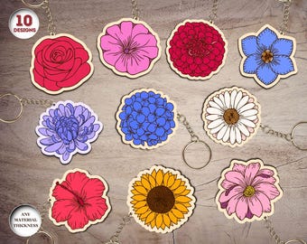 Portachiavi con fiori tagliati al laser, portachiavi con fiori in formato SVG, portachiavi inciso in legno, modello portachiavi in formato SVG, file tagliati al laser, Xtool, Glowforge