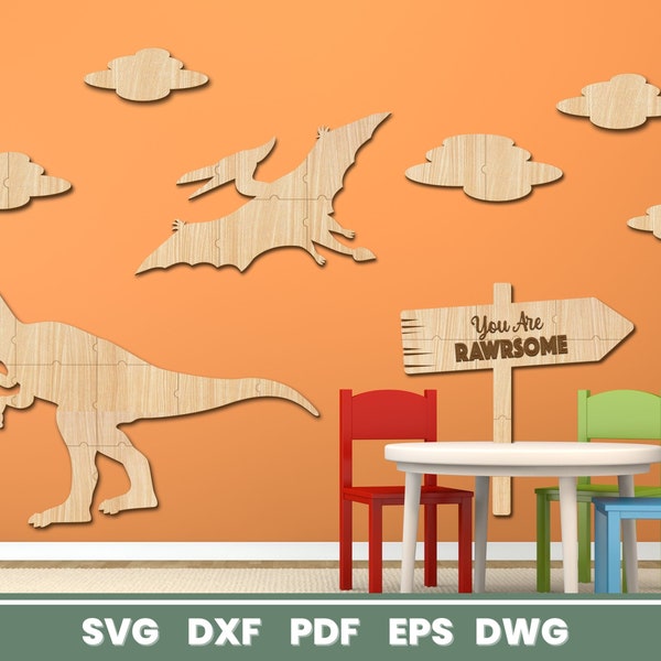Dinosaur Wall Decor Laser Cut, SVG Bundle for Glowforge, Children's Room, Cricut, Vector, Instant Download