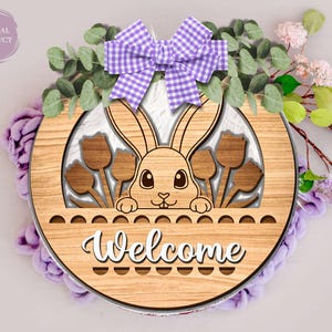 Easter Bunny Door Hanger Laser Cut, Easter Decor, Happy Easter Welcome Sign, Round Door Sign SVG, Xtool, Glowforge