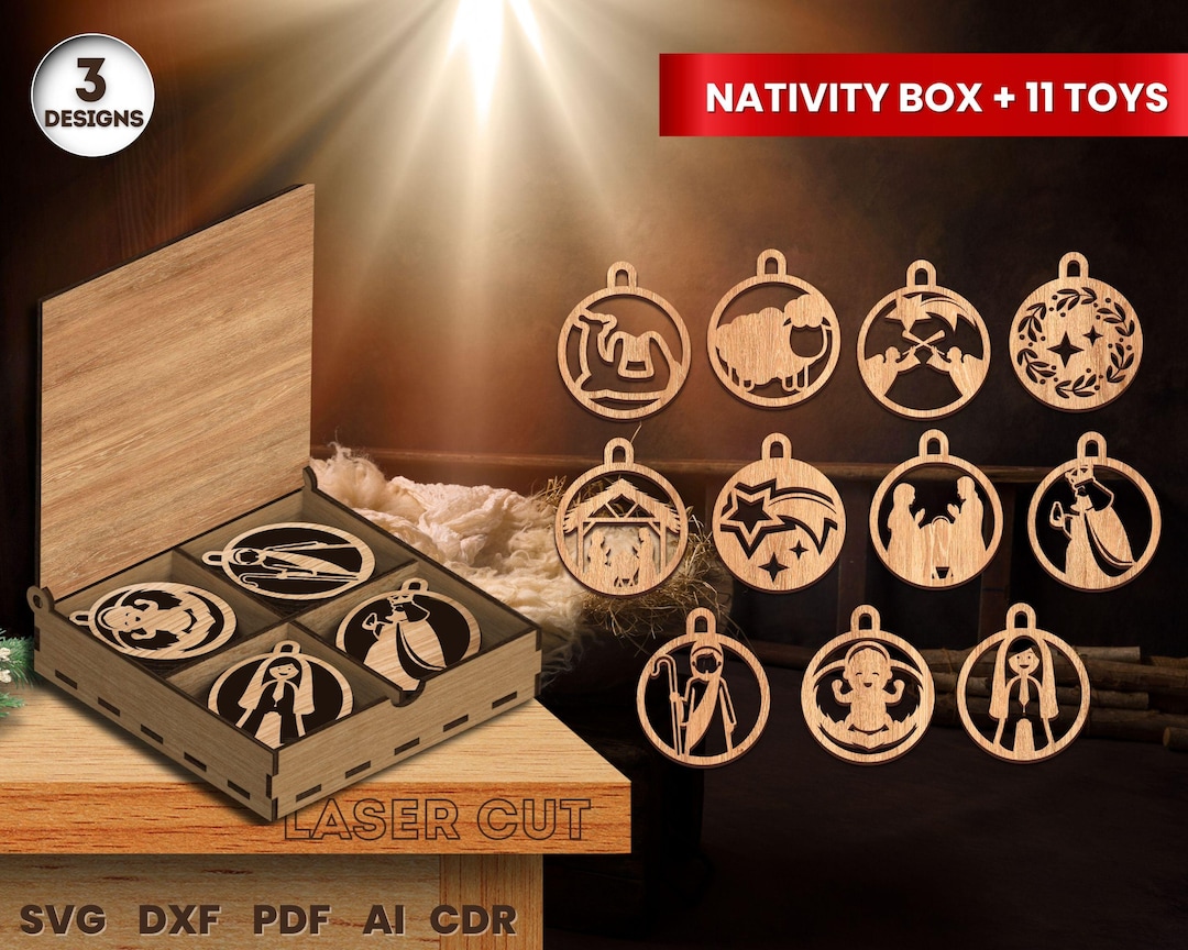 Nativity Wooden Gift Box Laser Cut + 11 Christmas Ornaments SVG Bundle ...