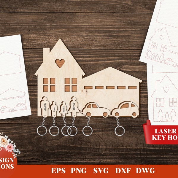 Family Key Holder House Shape Bundle, Home Decoration, SVG Files for Glowforge, Family Keychain Svg, Vector, Instant Download