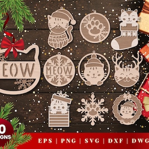 Décorations de Noël chat découpées au laser, lot SVG pour Glowforge, Cricut, vecteur, téléchargement immédiat