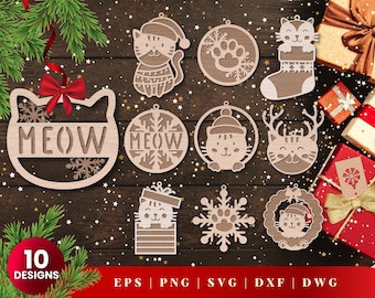 Cat Christmas Ornaments Laser Cut, SVG Bundle for Glowforge, Cricut, Vector, Instant Download