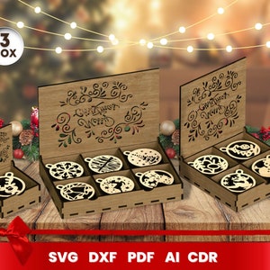 Cajas de adornos navideños cortadas con láser, paquete SVG para Glowforge, Navidad, Cricut, Vector, descarga instantánea