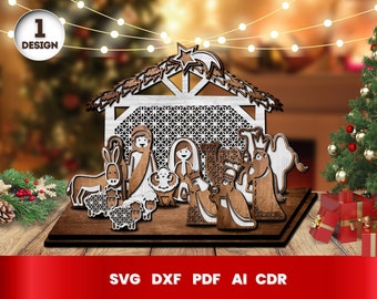 May include: A wooden nativity scene with a brown wooden stable, a star on top, and figures of Mary, Joseph, baby Jesus, and the three wise men. The scene is set on a brown wooden base.