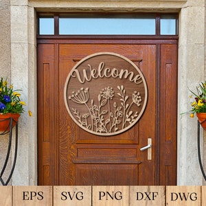 Benvenuto fiori porta segno tagliato al laser, gancio per porta rotondo in legno, SVG per Glowforge, Cricut, vettoriale, download istantaneo
